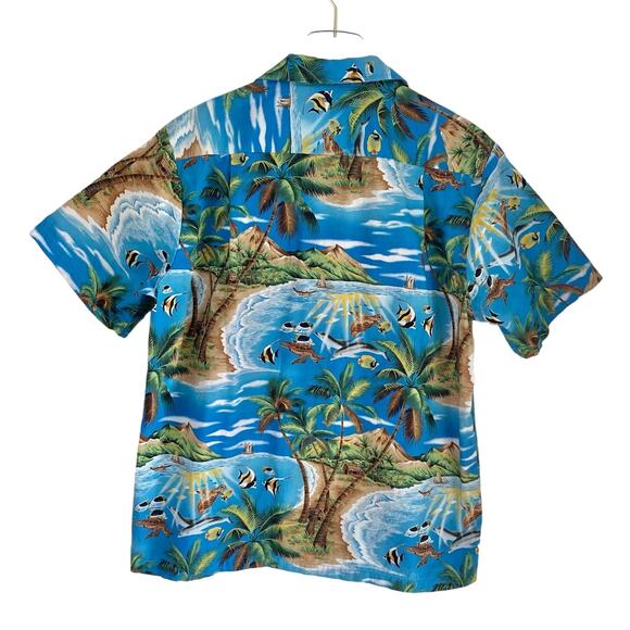 Vintage RJC Hawaiian Camp Shirt Men's Large Blue Palm Fish Turtle Made in Hawaii - Picture 4 of 7